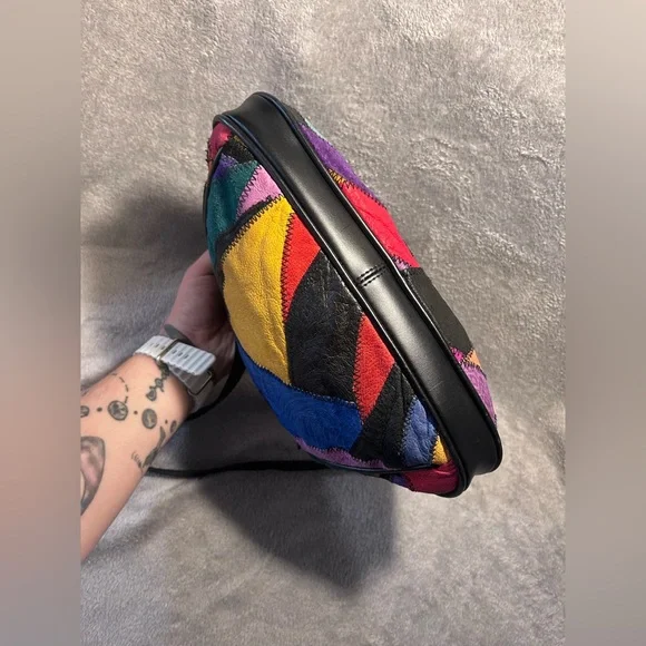 Vtg 80s La Covina Multicolored Recycled Leather Patchwork Shoulder Bag w/ Wallet - Picture 6 of 16